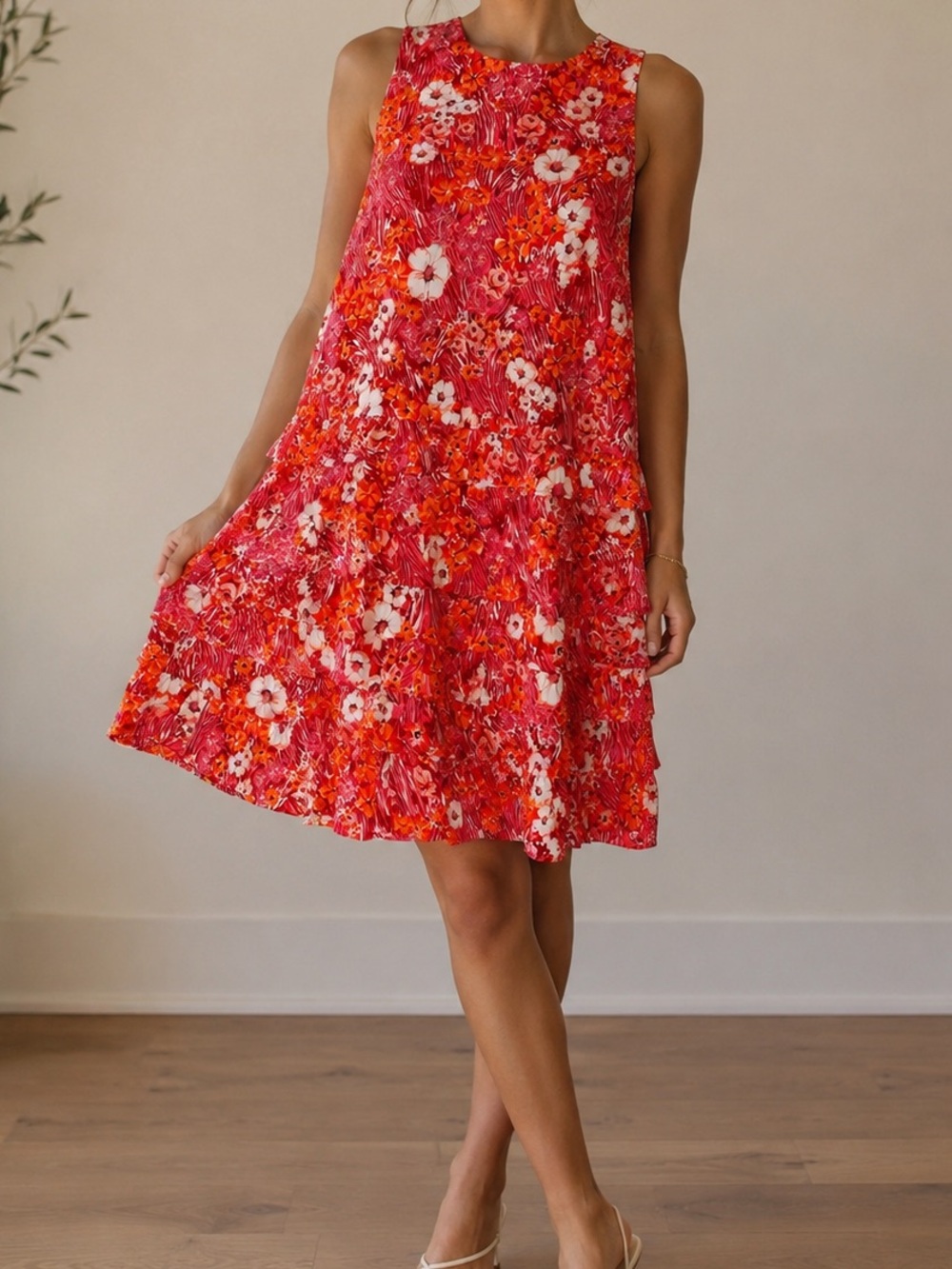 Pinch Hot‎ Pink and Orange Tropical Print Floral Tiered Ruffle Dress Size Small